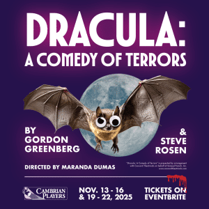 Poster with a bat that has googly eyes on it.