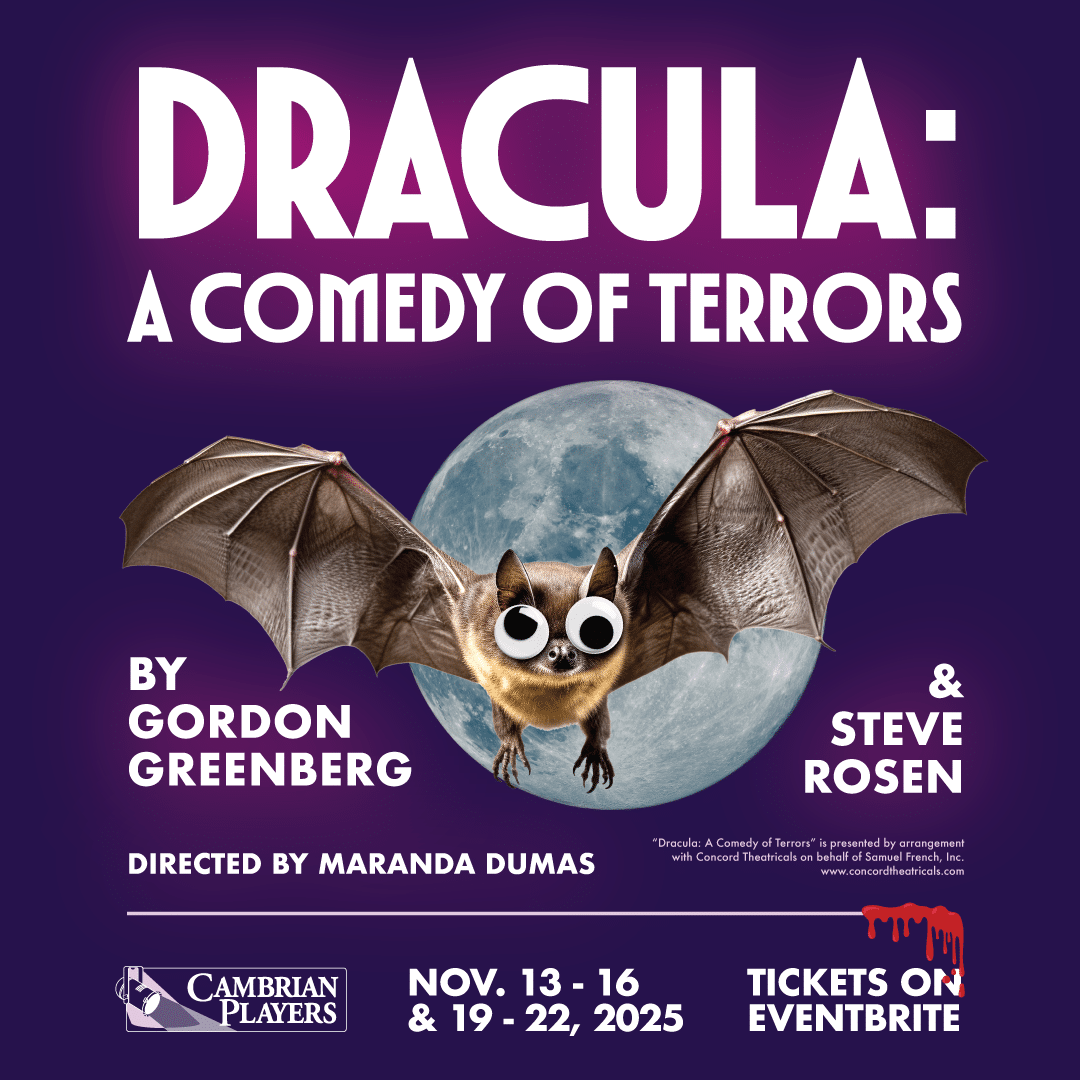 Poster with a bat that has googly eyes on it.